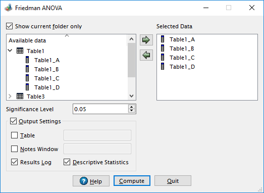 Friedman ANOVA dialog in QtiPlot.