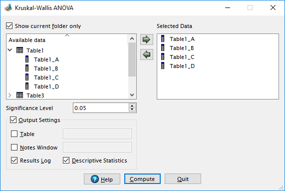 Kruskal-Wallis ANOVA dialog in QtiPlot.