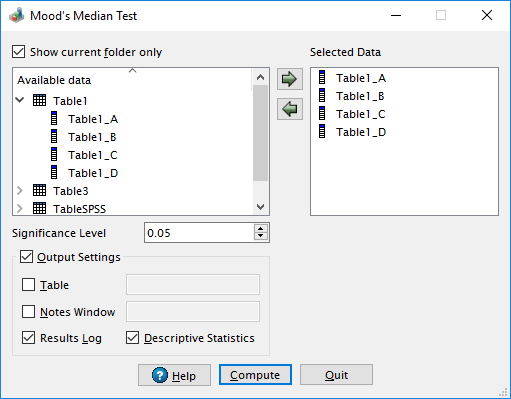 Mood's median test dialog in QtiPlot.