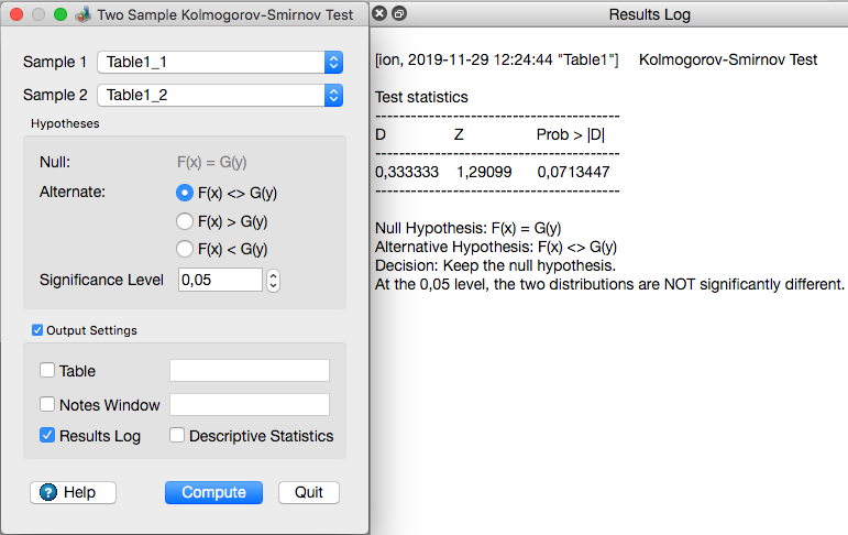 The two sample Kolmogorov-Smirnov test dialog in QtiPlot.