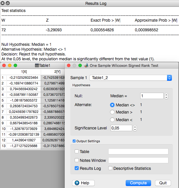 The one sample Wilcoxon signed rank test dialog in QtiPlot.
