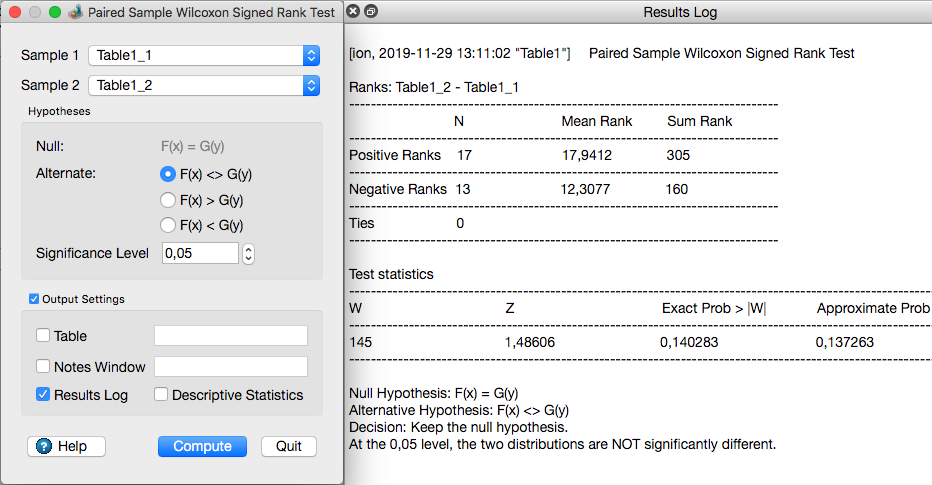 The paired sample Wilcoxon signed rank test dialog in QtiPlot.