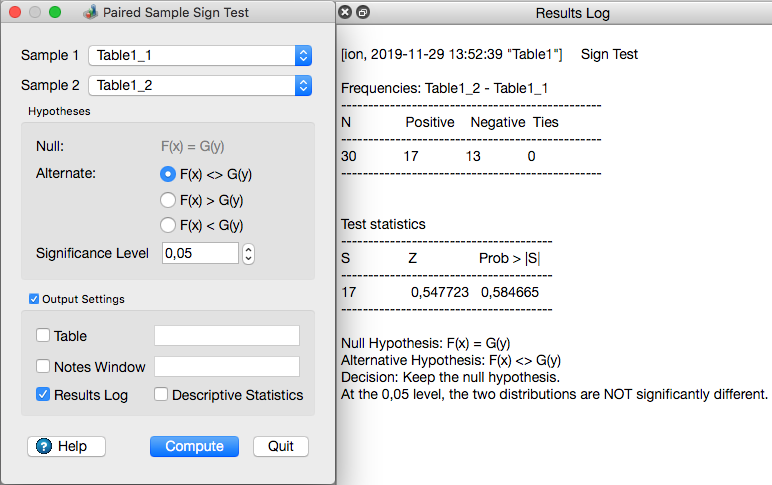 The paired sample sign test dialog in QtiPlot.